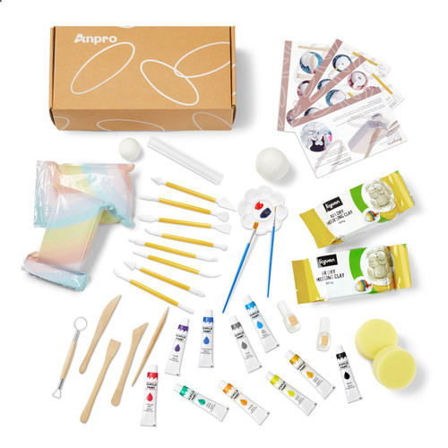 Air Dry Clay Pottery Kit for Beginners, Air-Dry Clay Starter Kit,DIY Kit for Adults.Clay kit for Adults,Home Made Pottery Set,Paint, Tool Set, Paintbrushes,Tools, Paints, Brushes, Sealant