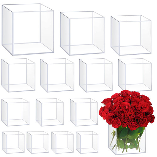 Thyle 3 Size Christmas Flower Vase Acrylic Square Vases for Centerpieces Clear Square Cube Vases Succulent Pots Planters for Christmas Home Wedding Office Table Floral Decor(18 Pcs)