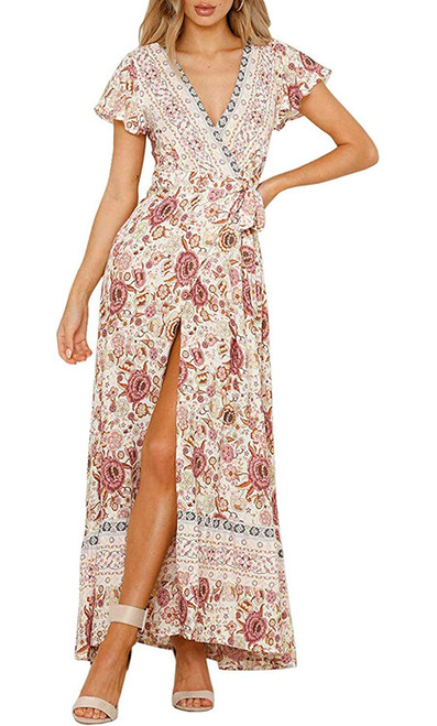 ZESICA Women's 2023 Bohemian Floral Printed Wrap V Neck Short Sleeve Split Beach Party Maxi Dress,Ivory,XX-Large ZESICA Women's 2023 Bohemian Floral Printed Wrap V Neck Short Sleeve Split Beach Party Maxi Dress,Ivory,XX-Large