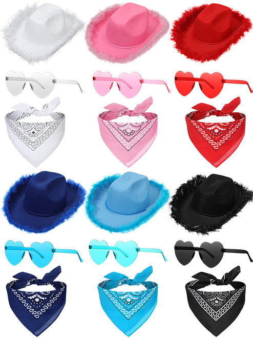 6 Pcs Cowboy Hat Set Cowgirl Hat with Feather Heart Shaped Sunglasses Paisely Bandana Accessories for Girl Women Men Bachelorette Party Costume, Assorted Colors