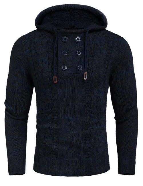 COOFANDY Men's Knitted Sweater Hoodied Turtleneck Long Sleeve Pullover Navy Blue
