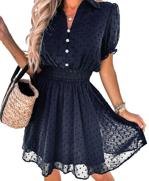 PRETTYGARDEN Women's Summer Dress Casual V Neck Short Sleeve Swiss Dots Elastic Waist A-line Flowy Mini Dresses(Navy,Medium) PRETTYGARDEN Women's Summer Dress Casual V Neck Short Sleeve Swiss Dots Elastic Waist A-line Flowy Mini Dresses(Navy,Medium)