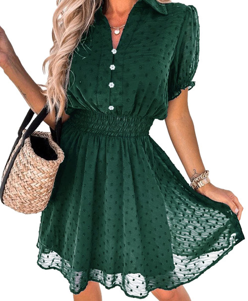 PRETTYGARDEN Women's Summer Dress Casual V Neck Short Sleeve Swiss Dots Elastic Waist A-line Flowy Mini Dresses(Green,Small) PRETTYGARDEN Women's Summer Dress Casual V Neck Short Sleeve Swiss Dots Elastic Waist A-line Flowy Mini Dresses(Green,Small)
