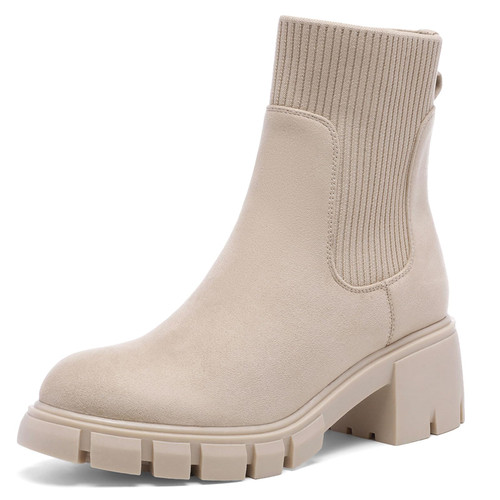 Lookyno Women's Chelsea Boots Elastic Slip On Chunky Heel Lug Sole Platform Boots Fashion Ankle Bootie, Nude,7.5