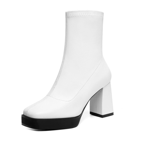 sexrosly Women's Go Go Boots Mid Calf Square Toe Ankle Boots Block Chunky Heeled Platform Short Boot Fashion Sexy Dress High Heels Booties Matte PU Black Size US 8 CN 39.8