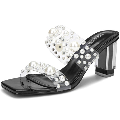 rsxses Women's Square Heels Mules Block Chunky Lucite Heel Sandals Slip On Open Toe Dress Backless Fashion Sexy Dress Wedding Clear PVC Pearl High Heel Slippers Slides Black PU Leather