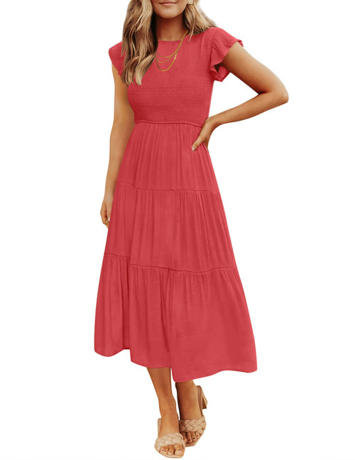 ZESICA Women's 2023 Summer Casual Flutter Short Sleeve Crew Neck Smocked Elastic Waist Tiered Midi Dress,Watermelonred,Large