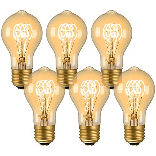 TORCHSTAR Dimmable A19 Vintage Edison Bulb, 60W Antique Squirrel Cage Filament Light Bulb, E26 Base, 2700K Soft White, for Pendant, Chandelier, Lantern, Wall Scone, Pack of 6