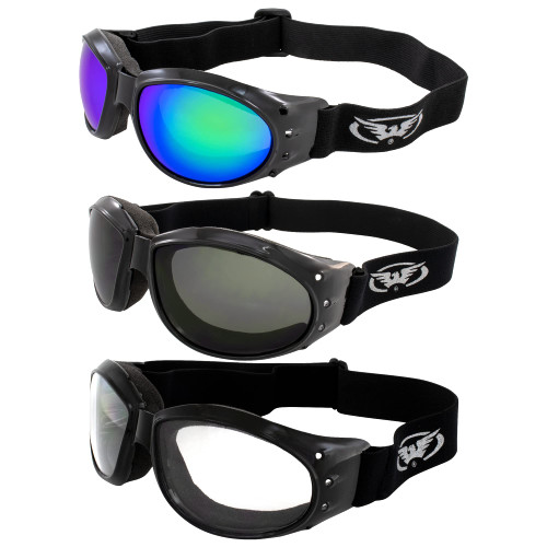 3 Pairs of Global Vision Eliminator Padded Motorcycle Riding Goggles Black w/Clear, Smoke & Green Mirror Lenses 3 Pairs of Global Vision Eliminator Padded Motorcycle Riding Goggles Black w/Clear, Smoke & Green Mirror Lenses
