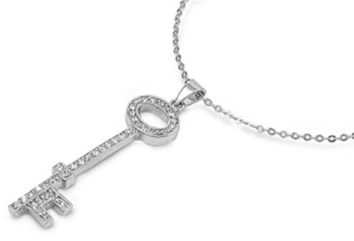 Rolo Chain Key Pendant Necklace Clear Simulated CZ .925 Sterling Silver Rolo Chain Key Pendant Necklace Clear Simulated CZ .925 Sterling Silver