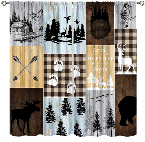 SENRUEGT Vintage Bear Moose Curtains, Rustic Country Lodge Forest Silhouette Wood Panel Background Home Bedroom Living Room Kitchen Window Drape 52x84in