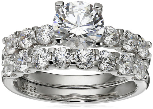 Amazon Collection Platinum-Plated Sterling Silver Infinite Elements Cubic Zirconia Round Cut Ring Set, Size 6