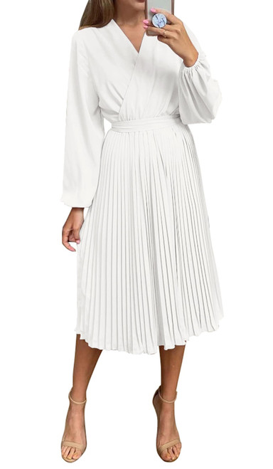 PRETTYGARDEN Women's Fall Midi Dress Long Puff Sleeve Wrap V Neck Flowy Ruffle Pleated Casual Dresses (White,Medium) PRETTYGARDEN Women's Fall Midi Dress Long Puff Sleeve Wrap V Neck Flowy Ruffle Pleated Casual Dresses (White,Medium)