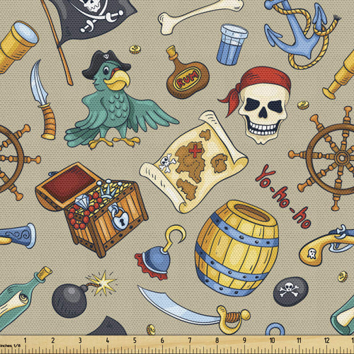 Ambesonne Pirates Fabric by The Yard, Cheerful Sketch Cartoon Pattern with Adventurous Sea Travel Piracy Theme Elements, Decorative Fabric for Upholstery and Home Accents, 3 Yards, Beige