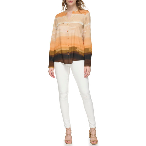 Calvin Klein Women's Printed Roll Tab Sleeve Crew Neck, DEMITSE/CANTALPE MLT, X-Small