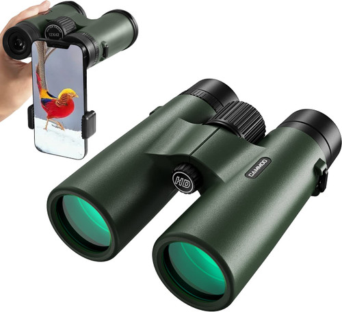 CAMMOO 12x42 HD Binoculars, IPX7 Fog & Waterproof Binoculars for Adults with Upgraded Phone Adapter, Large View Professional Binoculars with SMC Lens & BaK-4 Prism for Low Light Clear Bird Watching