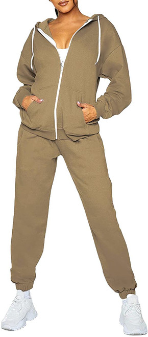 TOLENY Women's 2 Piece Workout Sets Tracksuit Hooded Sweatshirt and Long Jogger Pants Sweatsuit Outfits Coffee L
