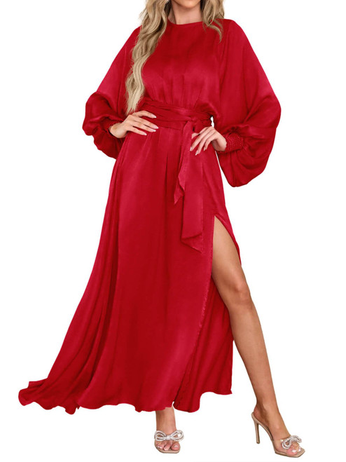 Fisoew Women's Maxi Party Dresses Side Slit Long Sleeve Empire Waist Belted Elegant Satin Prom Dress Red