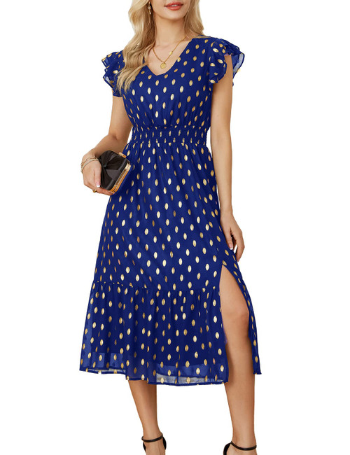 Womens Summer Dresses 2023 V Neck Ruffle Sleeve Polka Dot Dress A-Line Flowy Split Tiered Wedding Cocktail Dresses Royal Blue L