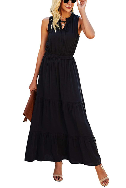 KIRUNDO 2023 Summer Women's Sleeveless Maxi Dress Solid Color Tie Round Neck High Waist Ruffle Hem A-Line Dresses(Large, Black) KIRUNDO 2023 Summer Women's Sleeveless Maxi Dress Solid Color Tie Round Neck High Waist Ruffle Hem A-Line Dresses(Large, Black)