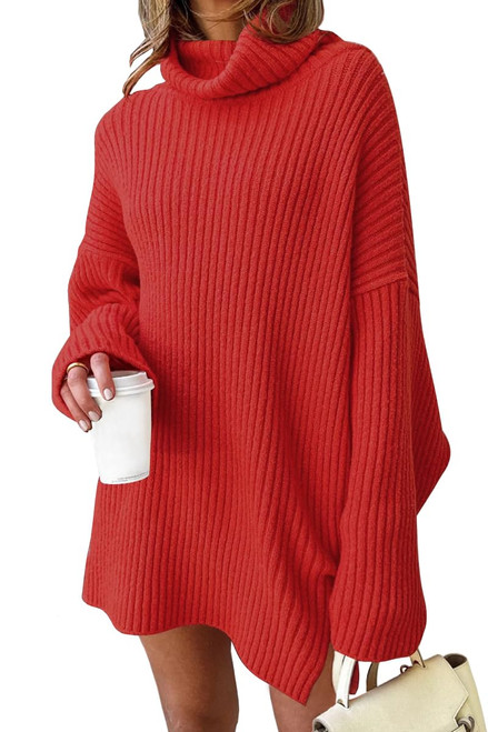 LILLUSORY Womens Turtleneck Long Batwing Oversized Sweaters Pullover Baggy Mini Sweater Dresses Cozy Winter Outfits Red