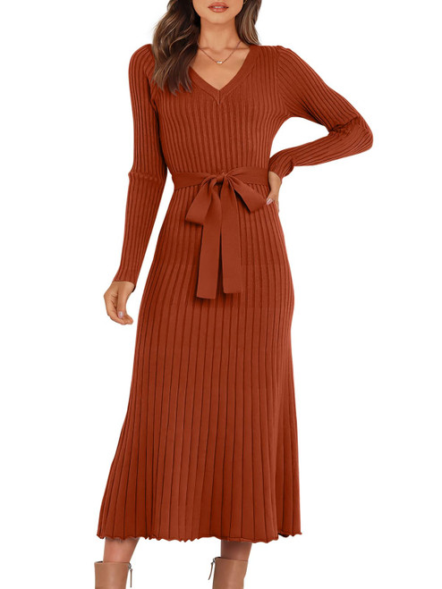 ANRABESS Womens Sweater Dress Long Sleeve Knitted V Neck Tie Waist Sexy Fitted 2023 Fall Fashion Clothes Winter Outfits Bodycon Midi Ribbed Sweater Dress 994shenxiuhong-M Rust