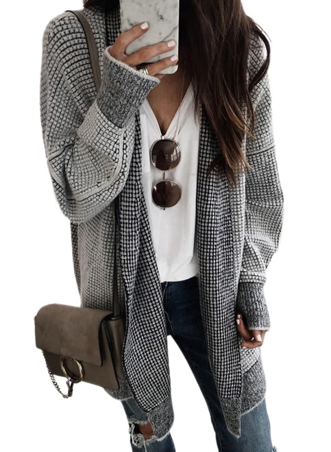 Sidefeel Womens Cardigan Plaid Open Front Chunky Knit Oversized Long Cardigan Sweaters Winter Coats Gray Medium