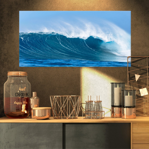 Designart Sky Hitting Ocean Waves-Seascape Canvas Art Print-32x16, 32x16, Blue
