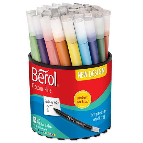 Berol Felt Tip Colouring Pens | Fine Point (0.6mm) | Assorted Colours with Washable Ink | Tub of 42 Markers