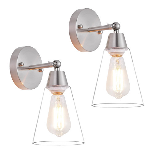 MWZ Brushed Nickel Wall Sconce Set of Two,Modern Silver Sconces Lighting with Clear Glass Shade,Bathroom Light Fixtures Over Mirror,Vanity Lights Over Sink,Indoor Wall Mount Adjustable Angle Lamp