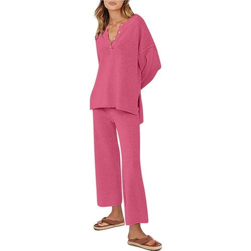 PTOLOCIF Women Sweater Sets 2 Piece Outfits Long Sleeve Knit Pullover Tops High Waist Pants Two Pieces Matching Lounge Sets