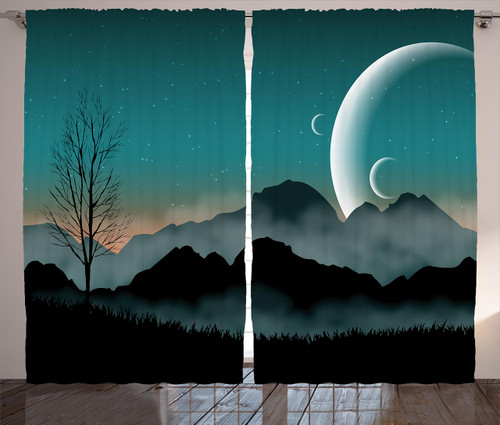 Ambesonne Space Curtains, Night Sky on Mountain Range Forest Crescent Moon Star Cosmic Infinity Astral Graphic, Living Room Bedroom Window Drapes 2 Panel Set, 108" X 90", Black Teal