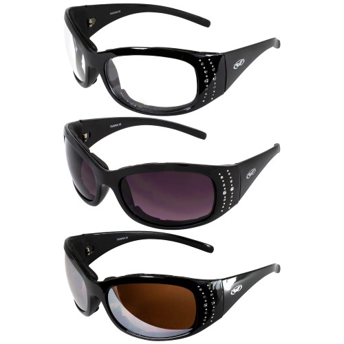 3 Pairs of Global Vision Marilyn-2 Plus Women's Motorcycle Sunglasses Bling Black Padded Frames with Clear Smoke & Driving Mirror Lenses 3 Pairs of Global Vision Marilyn-2 Plus Women's Motorcycle Sunglasses Bling Black Padded Frames with Clear Smoke & Driving Mirror Lenses