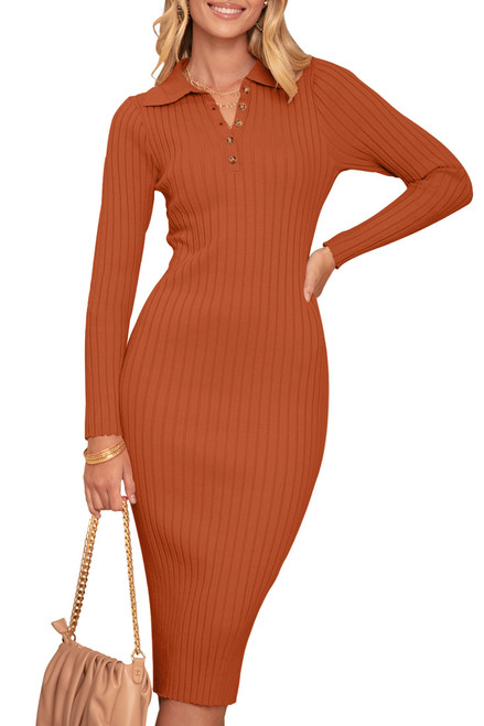 MEROKEETY Womens 2023 V Neck Ribbed Sweater Dress Long Sleeve Bodycon Knit Midi Dresses Rust M