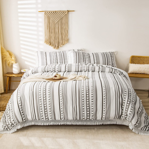 BEDLORE Boho Comforter Set King Size, Tufted Gray and White Striped Ball Pom Pom Bedding Set with Tassel Fringe, Farmhouse Shabby Chic Bed Comforter with 2 Pillowshams for All Seasons