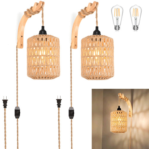 ZECOXOL Plug in Wall Sconces Wall Sconces Set of Two Hand Rattan Boho Wall Lamp with Plug in Cord Woven Wall Sconces Decor Hanging Lamps That Plug into Wall Outlet Rustic Wall Light for Living Room