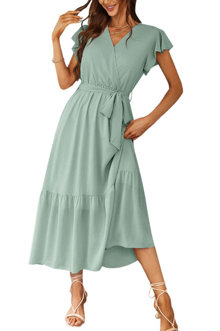 PRETTYGARDEN Women's 2023 Floral Boho Dress Wrap V Neck Short Sleeve Belted Ruffle Hem A-Line Flowy Maxi Dresses (Solid Green,XX-Large)