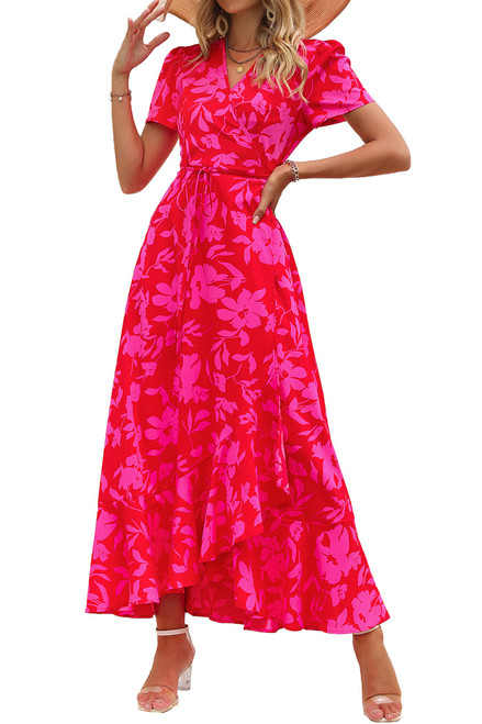 PRETTYGARDEN Women's Summer Wrap Maxi Dress Casual Boho Floral V Neck Short Sleeve Ruffle Hem Split Beach Long Dresses (Red Floral,Small) PRETTYGARDEN Women's Summer Wrap Maxi Dress Casual Boho Floral V Neck Short Sleeve Ruffle Hem Split Beach Long Dresses (Red Floral,Small)
