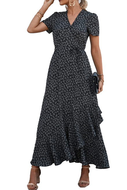 PRETTYGARDEN Women's Summer Wrap Maxi Dress Casual Boho Floral V Neck Short Sleeve Ruffle Hem Split Beach Long Dresses (Black,Medium) PRETTYGARDEN Women's Summer Wrap Maxi Dress Casual Boho Floral V Neck Short Sleeve Ruffle Hem Split Beach Long Dresses (Black,Medium)