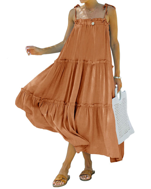 BTFBM Women 2023 Summer Maxi Dresses Sleeveless Spaghetti Strap Casual Sundress Tiered Ruffle Boho Cami Beach Long Dress(Solid Brown Orange, Medium) BTFBM Women 2023 Summer Maxi Dresses Sleeveless Spaghetti Strap Casual Sundress Tiered Ruffle Boho Cami Beach Long Dress(Solid Brown Orange, Medium)