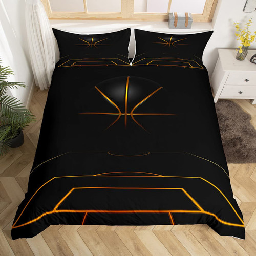 Feelyou Basketball Bedding Duvet Cover Set Kids Black Gold Ball Game Bedding Set King Comforter Cover Set for Boys Girls Room Sports Theme Decor Lightweight Bedspread Cover with 2 Pillow Case