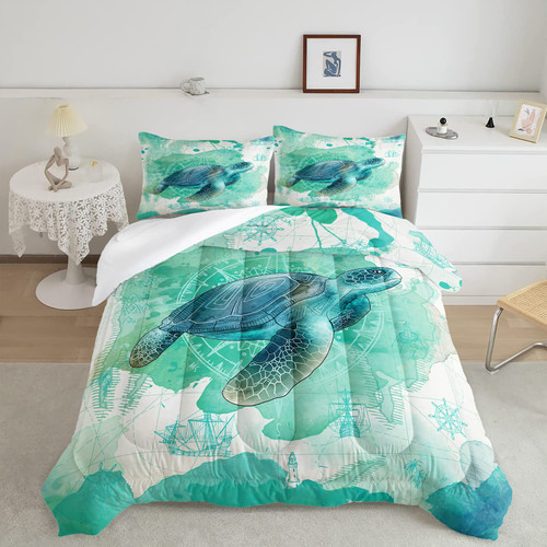 CVHOUSE Sea Turtle Bedding Set,Sea Turtle Comforter Full,Ocean Bohemia Comforter Set for Boys Kids Girls,Ocean Quilt Set with 1 Comforter and 2 Pillow Cases