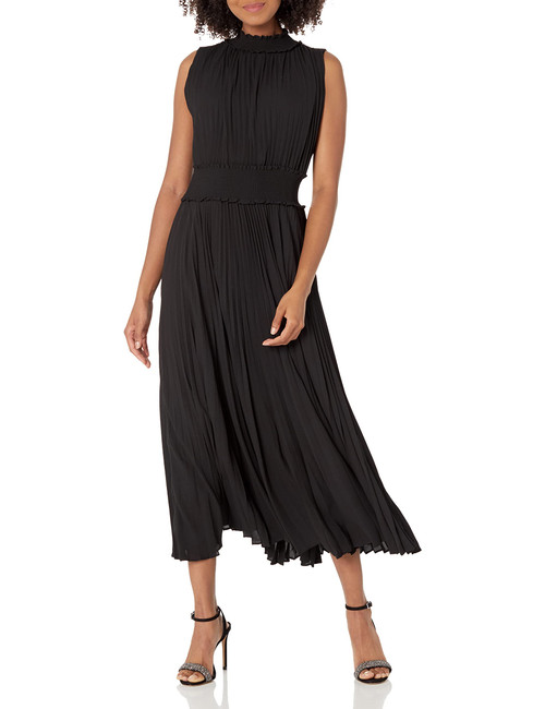 Nanette Nanette Lepore Women's Smocked High Neck Pleated Maxi Dress, Very Black, 14