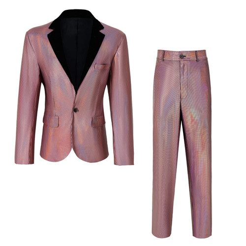 Men's Metallic Sequin Slim Suit Two-Piece Set Outfit 70s Disco Prom Costume(Z2981PK,M)