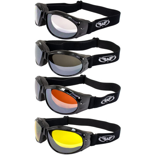 Global Vision 4 Pair Eliminator Padded Motorcycle Riding Goggles ANSI Z87.1 Anti-Fog Black Frames with Clear, Flash Mirror, Yellow & Driving Mirror Lenses Global Vision 4 Pair Eliminator Padded Motorcycle Riding Goggles ANSI Z87.1 Anti-Fog Black Frames with Clear, Flash Mirror, Yellow & Driving Mirror Lenses