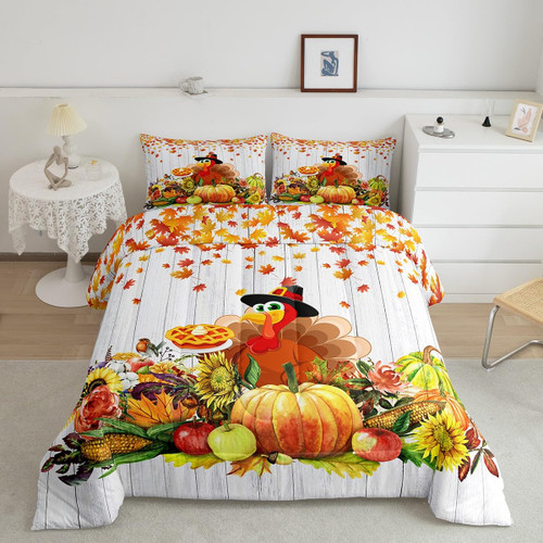Turkey Comforter Set Queen, Pumpkin Maple Leaves Comforter Rustic Farm Turkey Comforter Set for Kids Boys Girls Teens Happy Thanksgiving Duvet Set Harvest Season Room Decor Lightweight Quilt Set