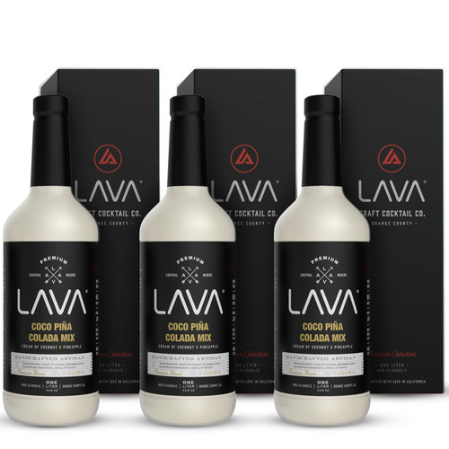 LAVA (3 Pack) Premium Coco Pina Colada Made with Cream of Coconut and Real Pineapple, no Artificial sweeteners or Flavors, 1-Liter (33.8oz) Glass Bottle