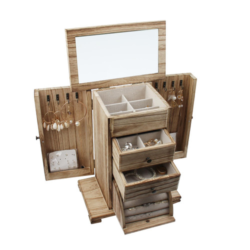 Jwinkumy Jewelry Box Wooden Rustic Large Organizer with Mirror, 4 Layer Jewelry Display Cabinet for Earring Ring Necklace Bracelet Gift for Women Girls Jwinkumy Jewelry Box Wooden Rustic Large Organizer with Mirror, 4 Layer Jewelry Display Cabinet for Earring Ring Necklace Bracelet Gift for Women Girls