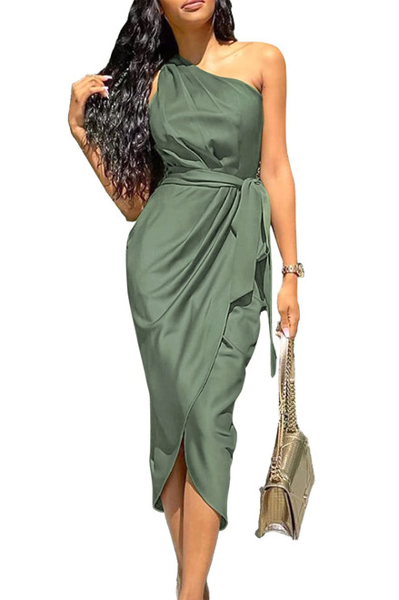 PRETTYGARDEN Women's 2023 Summer Ruched Bodycon Dress Sleeveless One Shoulder Wrap Satin Belted Cocktail Midi Dress(Army Green,Medium)