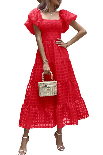 PRETTYGARDEN Women's Casual Summer Midi Dress Puffy Short Sleeve Square Neck Smocked Tiered Ruffle Dresses (Plaid Red,Large) PRETTYGARDEN Women's Casual Summer Midi Dress Puffy Short Sleeve Square Neck Smocked Tiered Ruffle Dresses (Plaid Red,Large)